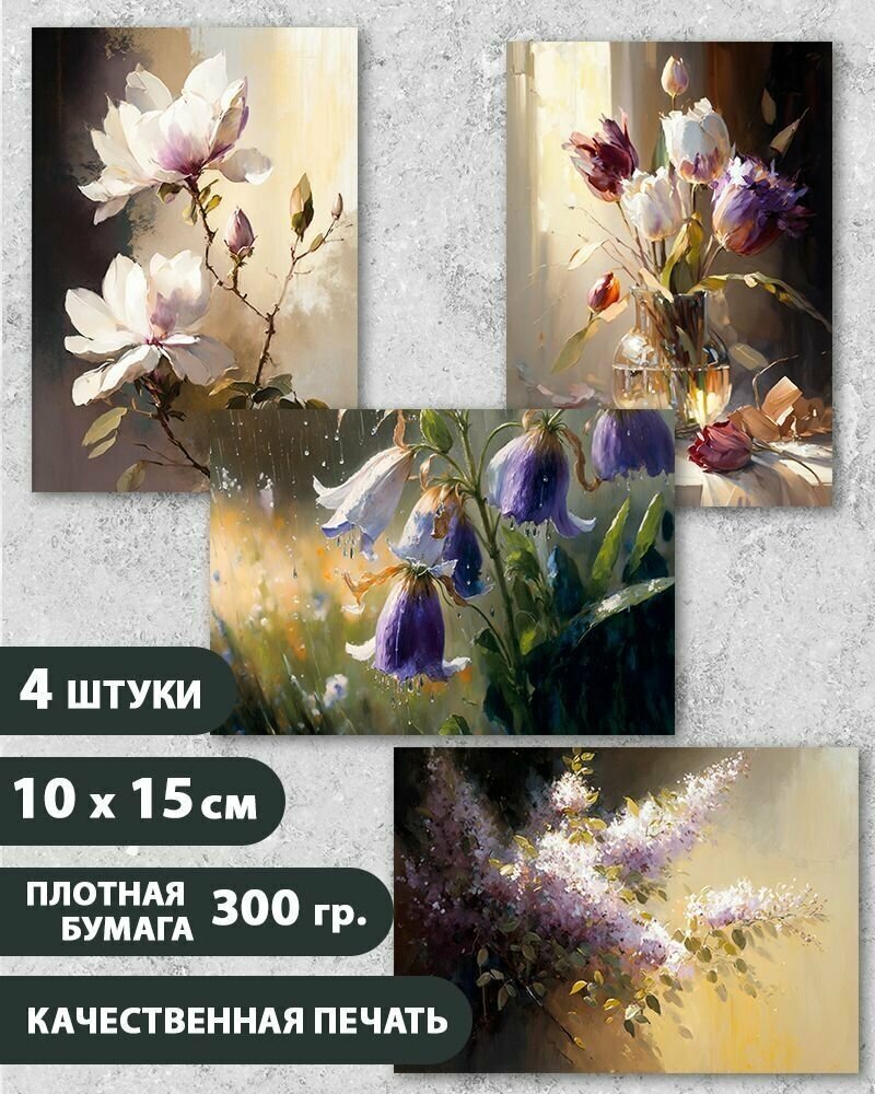 Набор открыток "Весенние цветы 8", 10.5 см х 15 см, 4 шт, InspirationTime, на подарок и в коллекцию
