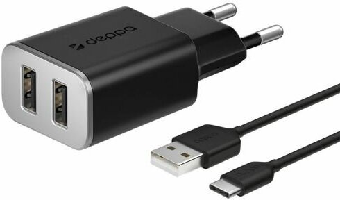 СЗУ Deppa Wall Charger 2 USB 2.4A + кабель USB - Type-C Black (арт.11382)