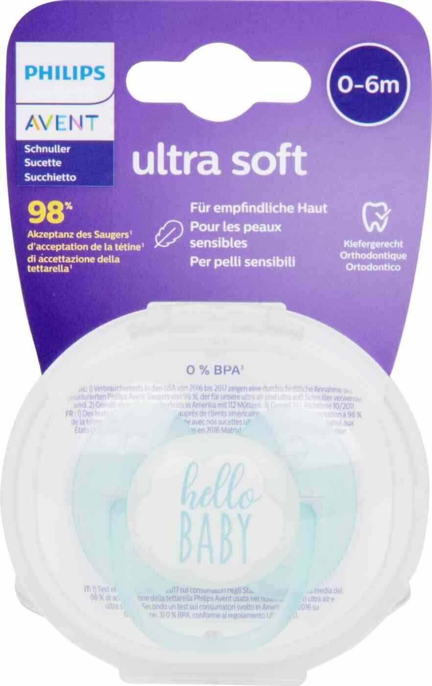 Пустышка Avent Ultra Soft Hello Baby 0-6 мес для мальчиков SCF522/01 1 шт