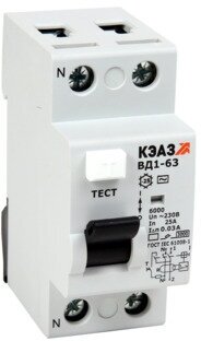 Выключатель дифференциального тока (УЗО) 2п 63А 30мА тип AC ВД1-63 2263 УХЛ4 221907 КЭАЗ (1 шт.)