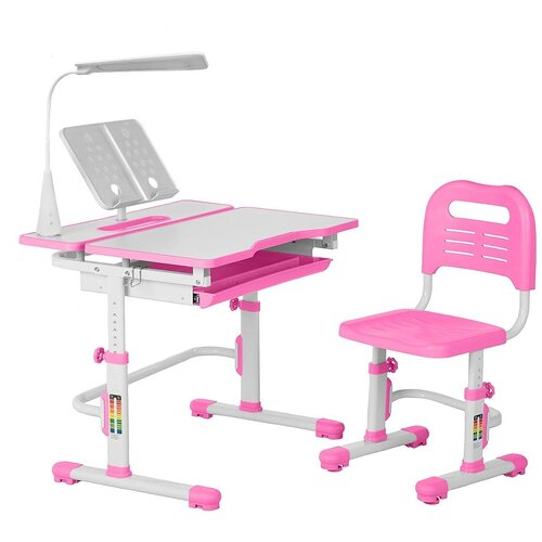 фото Комплект растущая парта + стул + выдвижной ящик + подставка + лампа anatomica amata белый/розовый