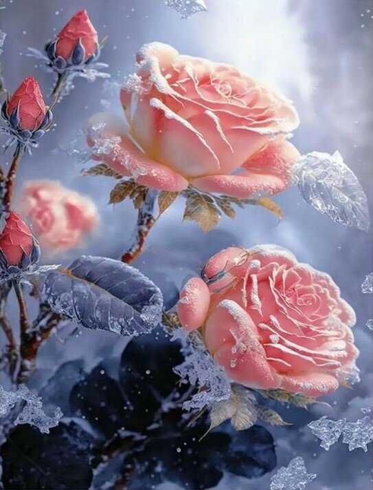 Алмазная мозаика 40x50 см. на холсте с подрамником (картина стразами, алмазная вышивка) Розовая зимняя роза