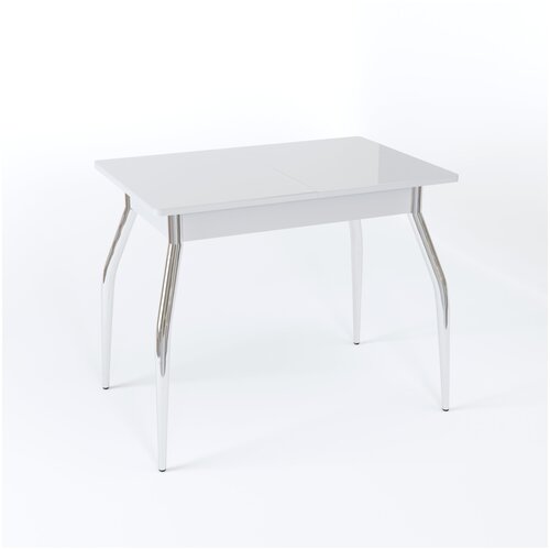фото Обеденный стол, столбери, аспен, стекло белое глянцевое, ноги гнутые, гальваника, раскладной, прямоугольный, модерн