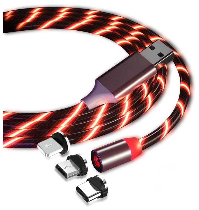 Кабель магнитный светящийся USB для зарядки 3 в 1 Lightning, Type-C, micro USB ультрапрочный, для iPhone/Android/ Samsung Type-C, красный