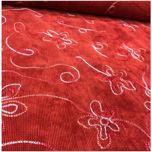 Ткань для шитья, Вельвет, красный с вышитым рисунком, 1х1,5м