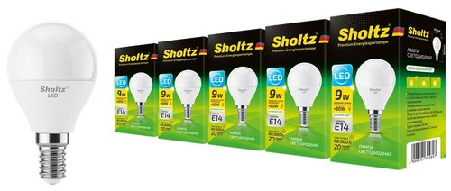 Комплект из 5 светодиодных энергосберегающих ламп Sholtz шар G45 9Вт E14 4200К 220В пластик (Шольц) LEB3048P