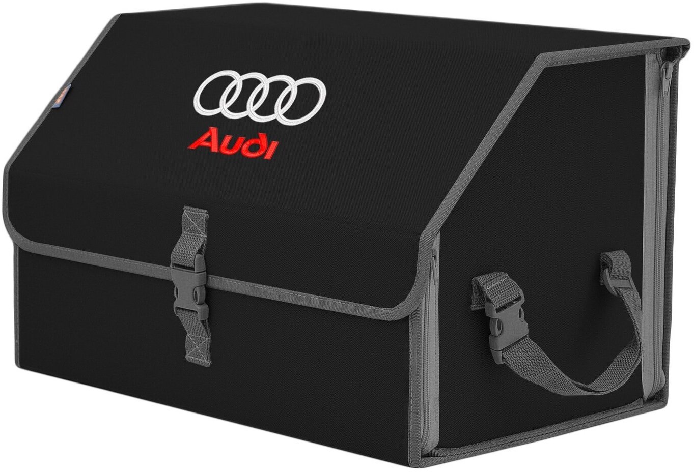 Органайзер-саквояж в багажник "Союз" (размер L). Цвет: черный с серой окантовкой и вышивкой Audi (Ауди).