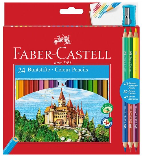 Карандаши цветные шестигранные Faber-Castell Замок 24 цвета + 3 двухцветных круглых карандаша + точилка / Набор для рисования