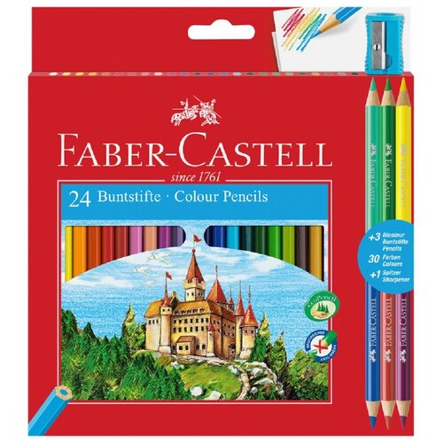 Карандаши цветные шестигранные Faber-Castell Замок 24 цвета + 3 двухцветных круглых карандаша + точилка / Набор для рисования