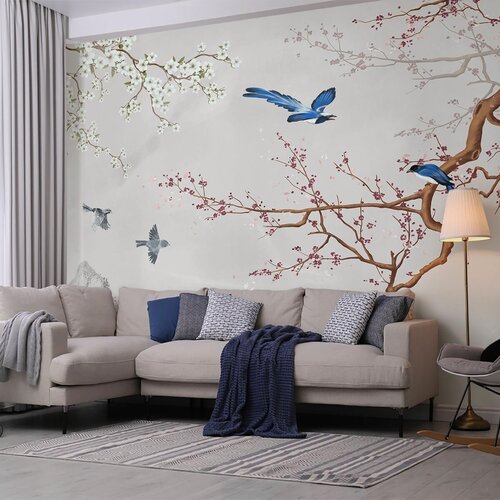 Изображение товара Фотообои / флизелиновые обои Акация и птицы в сером цвете 3,06 x 2,7 м