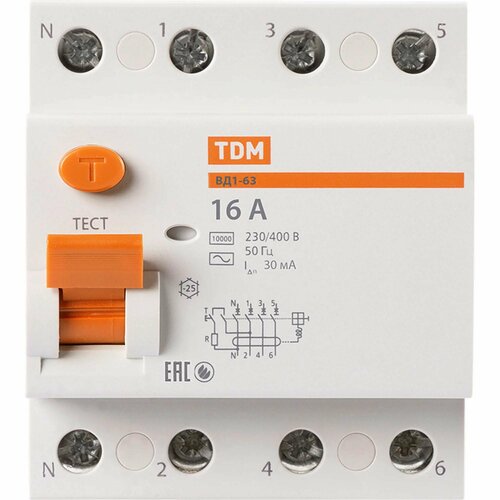 УЗО Tdm Electric ВД1-63 4P 16 A 30 мА 4.5 кА AC SQ0203-0028