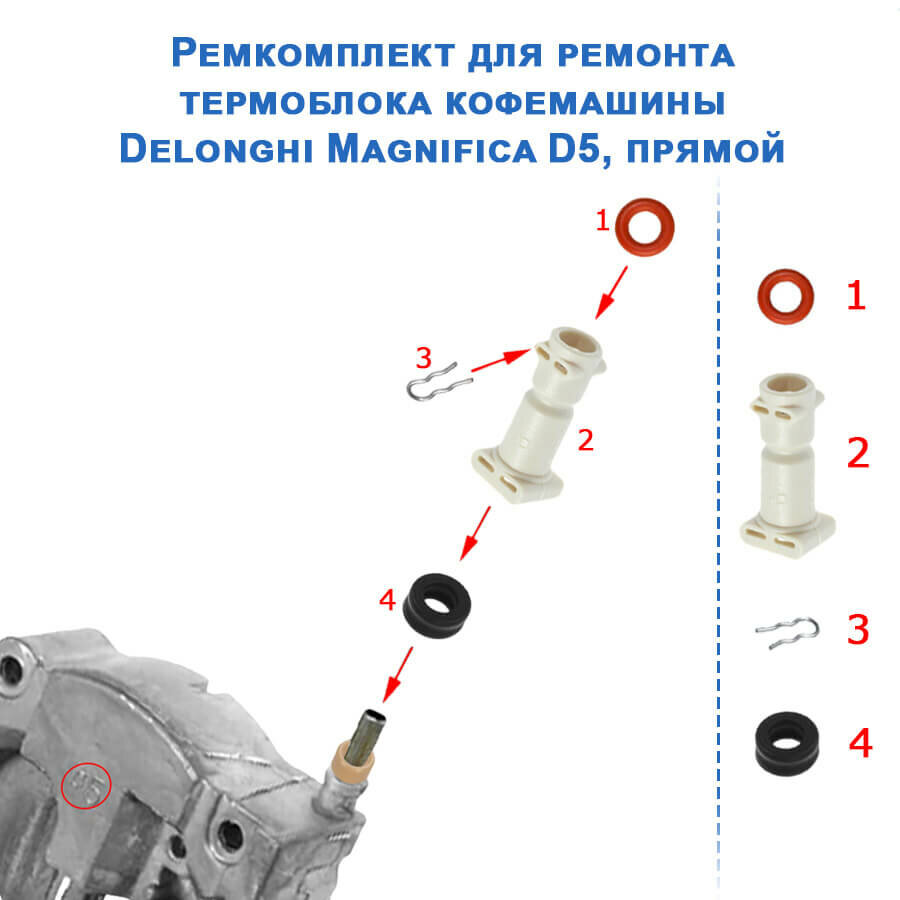 Ремкомплект для ремонта термоблока кофемашины Delonghi Magnifica D5, прямой, 20220718