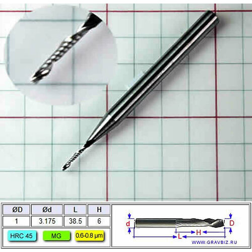 Фреза концевая спиральная 1 зуб широк канавка торец Ø2х8 хвостовик Ø3.175х38.5 HRC45 GB-1FB-317.20838