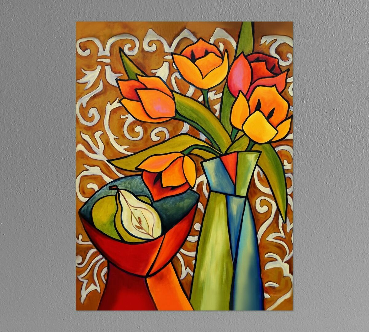 Картина для интерьера "Тюльпаны и груши" Элиза Боунер 40х60 см натуральный холст. Коллекция - натюрморт, кубизм, пейзаж, мексиканская живопись.