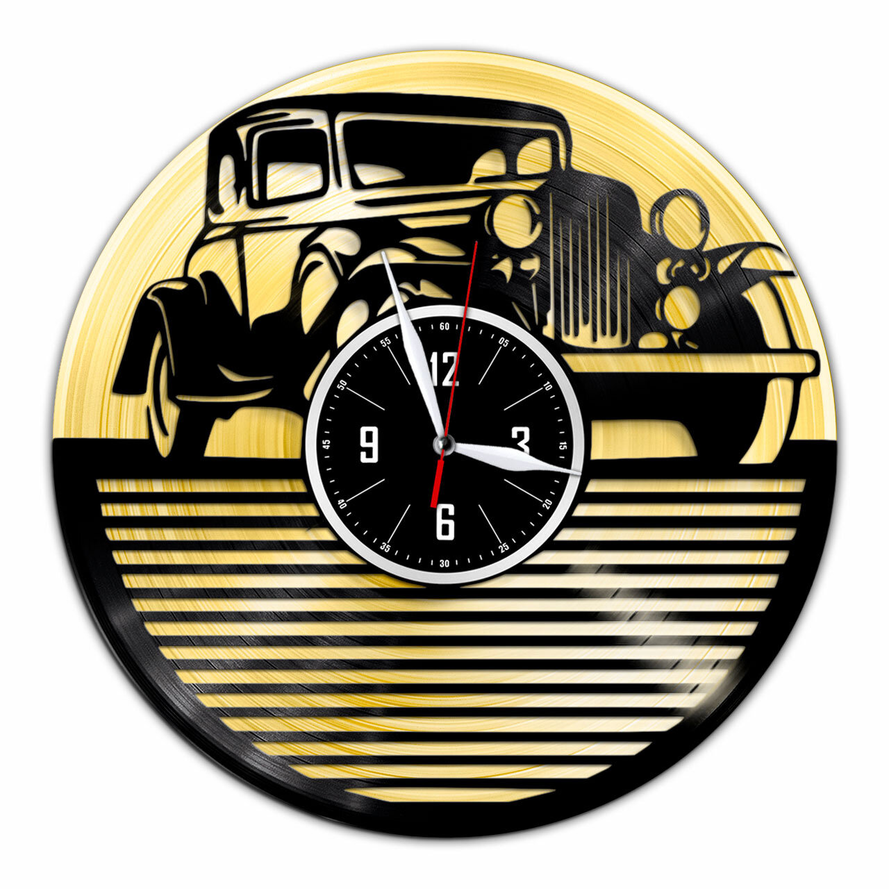 Ретро автомобиль - настенные часы из виниловой пластинки (с золотой подложкой)