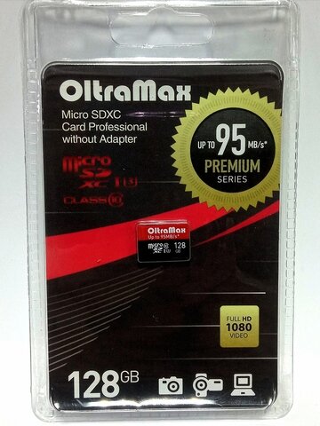 Карта памяти MicroSDXC 128GB OltraMax Class 10 Premium UHS-I U3 (95 Mb/s) + SD адаптер - фото №3