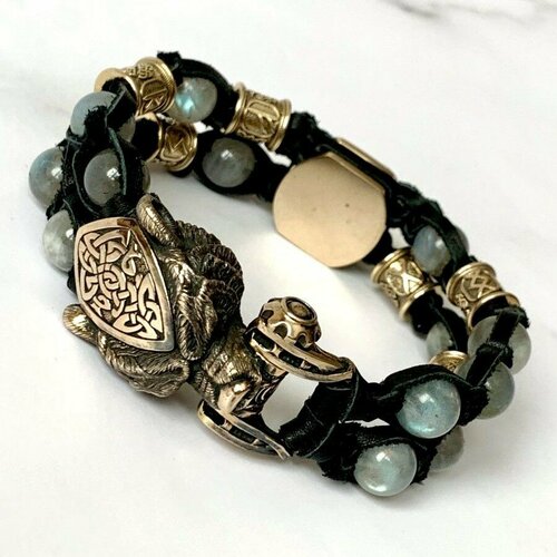 фото Славянский оберег, плетеный браслет josstone, кожа, лабрадорит, 1 шт., размер 19 см, золотой, серый