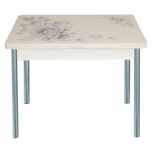 Стол обеденный поворотно раскладной фотопечать Катрин-К Симпл Дуб молочный Кофейные цветы / опора круглая серебристый металлик