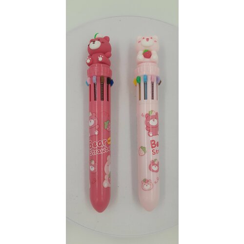 Ручка шариковая 10-цветная с фигуркой Мишка, 2 штуки в наборе, автоматическая, розовый корпус ручка шариковая 10 цветная с фигуркой цветок автоматическая розовый корпус