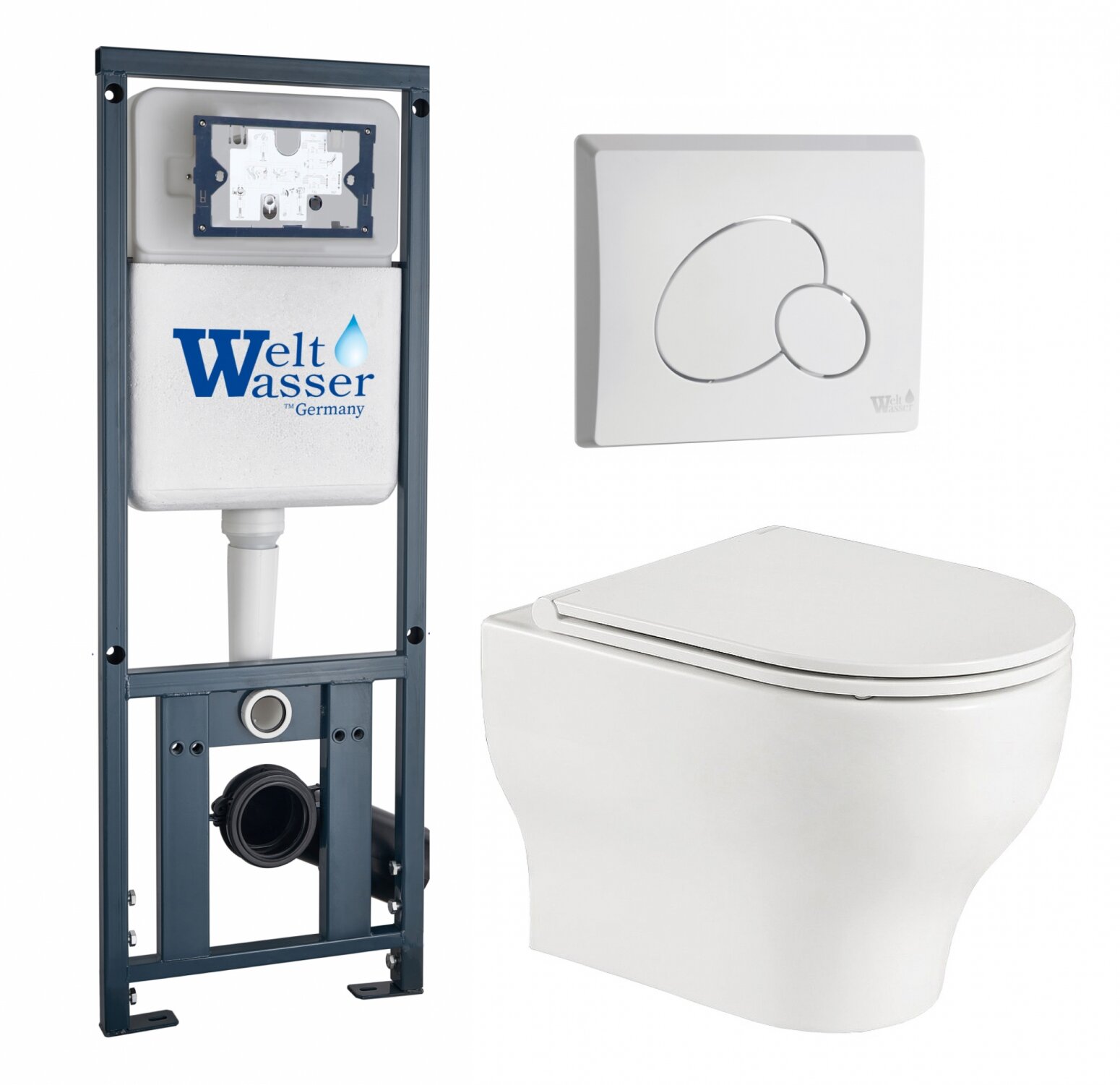 фото Комплект 3 в 1 инсталляция WeltWasser WW Marberg 410 10000005948 + Подвесной унитаз WeltWasser Erlenbach 004 GL-WT + кнопка белая глянцевая RD