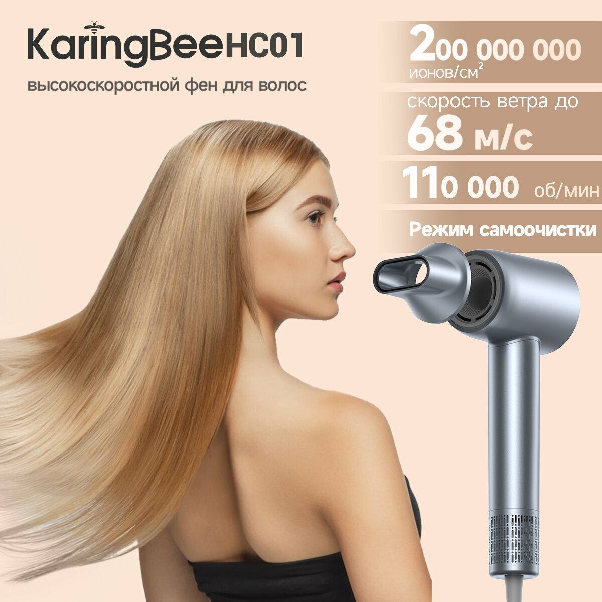 Высокоскоростной фен для волос KaringBee HC01, 200 миллионов отрицательных ионов, 4 температур, 3 скорости, серебристый