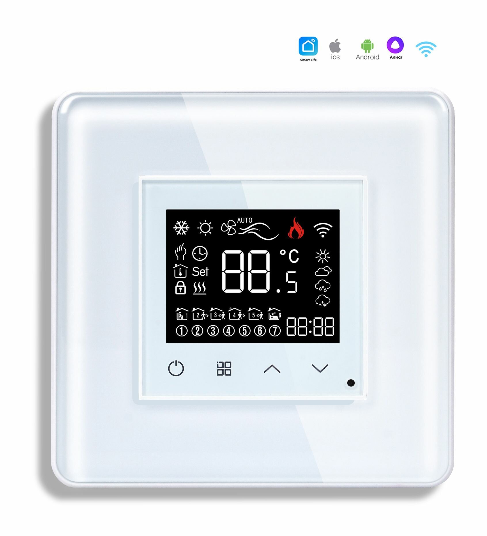 Сенсорный Wi-Fi терморегулятор/термостат с Алисой рамка 86х86мм стекло 2.5D цвет белый
