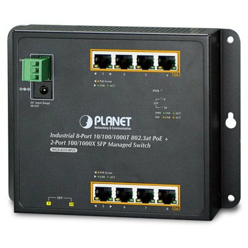 WGS-4215-8P2S индустриальный коммутатор/ IP30, IPv6/IPv4, 8-Port 1000T 802.3at PoE + 2-Port 100/1000X SFP Wall-mount