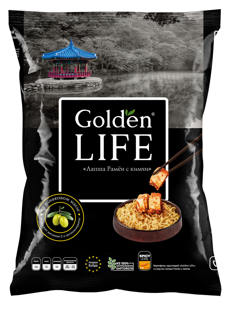 Картофельные чипсы Golden Life со вкусом лапши Рамён с кимчи, 90 гр