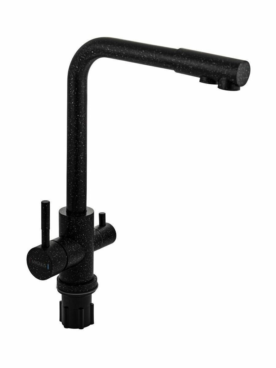 фото Смеситель кухонный Г-образный излив, шаровый, с двойным выпуском воды для фильтра, из нержавеющей стали марки 304, черный