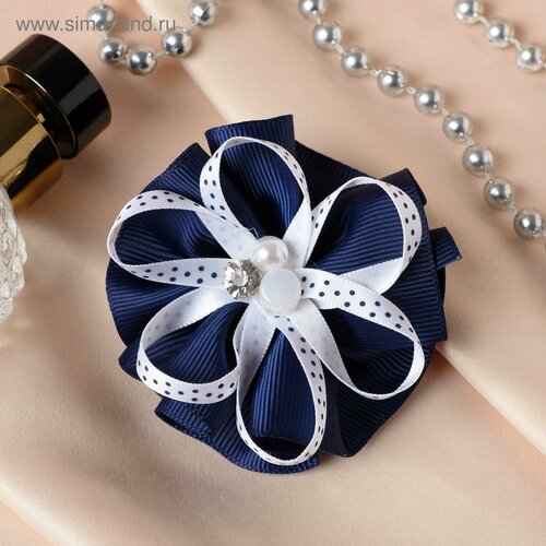 Резинка для волос бант Школьница ленточка и бусинки d-7 см сине-белый 6шт 660₽