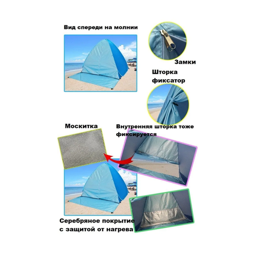 Палатка пляжная летняя от солнца, со шторкой, автоматическая, тент для дачи, пляжа, пикника, 140х165х115 см, голубая