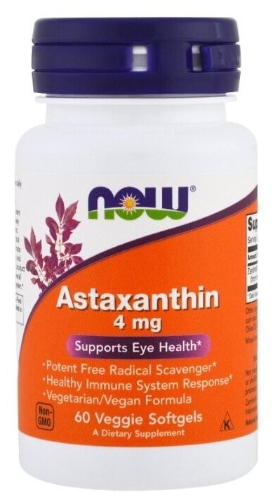 Антиоксиданты Астаксантин, 4мг NOW Astaxanthin,60 растительных капсул, Антиоксидант для глаз, для зрения, для мозга