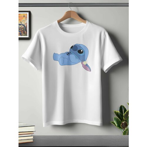 фото Футболка oneq унисекс 56-58 (3xl) размер с принтом стич, белая, размер 3xl, белый