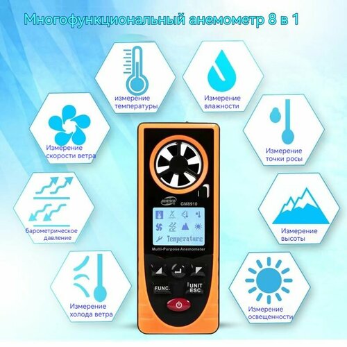 Портативная метеостанция анемометр GM8910 для измерения температуры аналог Kestrel влажности точки росы скорости ветра давления цифровой термогигрометр-15 дней по воздуху 3280₽