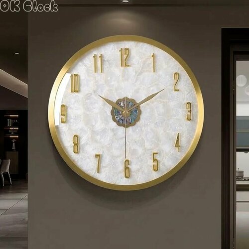 Легкие роскошные бесшумные настенные часы, изысканная латунь + раковина из морского ушка, 35*35см