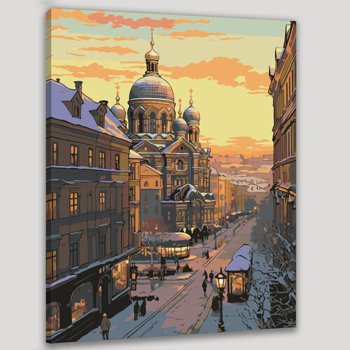 Изображение товара Картина по номерам 40x50 см, рассвет, Санкт-Петербург, цифровая иллюстрация, улицы, люди, пальто, шарфы, утренние дела