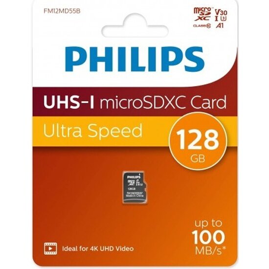 Карта памяти PHILIPS microSDHC 128Gb High Speed Class UHS-I U3 V30 A1 100MB/s (FM12MD55B/97)