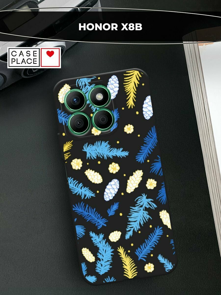 Черный матовый чехол на Honor X8B / Хонор X8B с принтом "Елки и шишки"