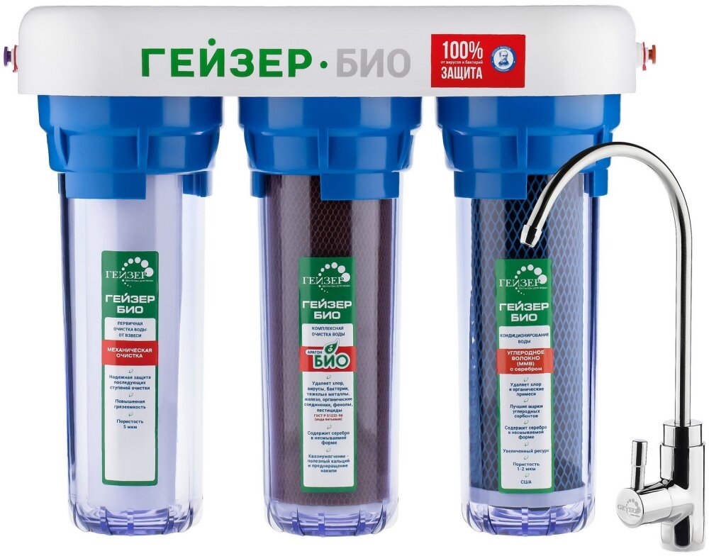 Проточный питьевой фильтр Гейзер Био 322 [3 л/мин ресурс - 10000 л ступеней очистки - 3]