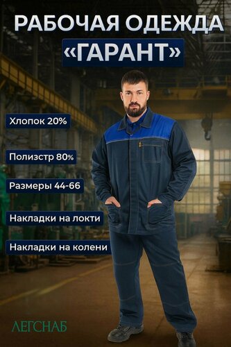 Изображение товара Спецодежда рабочая / костюм рабочий "Гарант", накладки на локти/колени, рост 64-66/170-176 см, ткань: хб-20%, пэ-80%