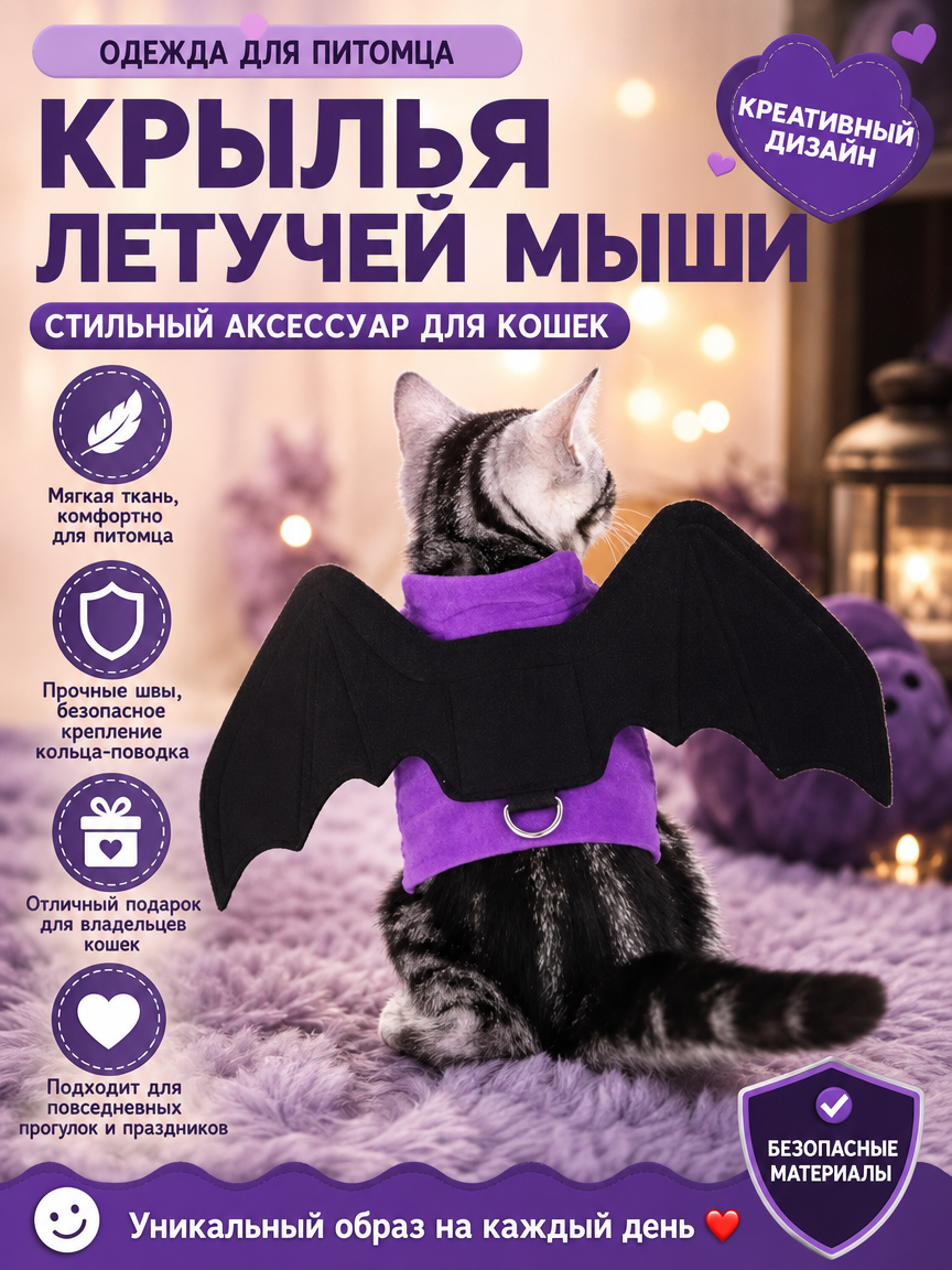Костюм для кошек "Крылья летучей мыши", с жилетом и поводком