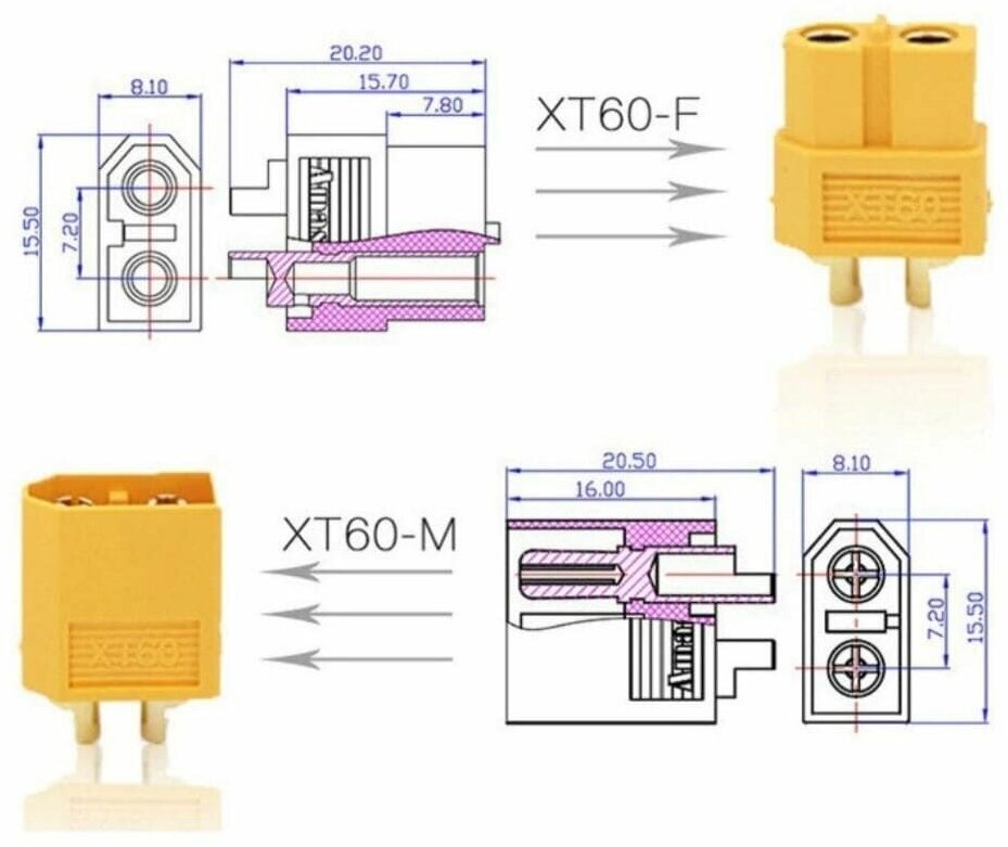 ХТ-60 4 чёрный  Комплект из двух пар двух-контактных разъемов Xt 60 (мама + папа; 2 пары 4 ))