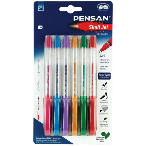 Ручки гелевые PENSAN Glitter Gel, набор 6 цветов, чернила с блестками, узел 1 мм, линия письма 0,5 мм, 2280/B6