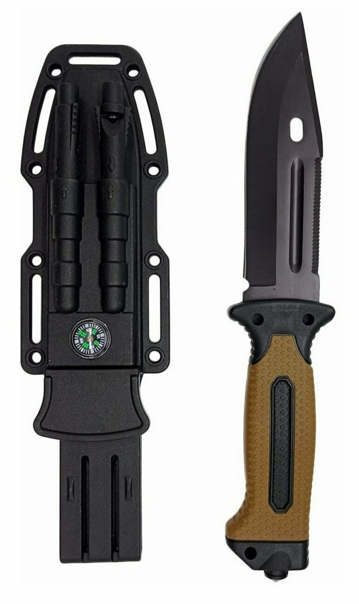 Нож тактический 4038C (компас, огниво, свисток, точилка) ручка коричневая