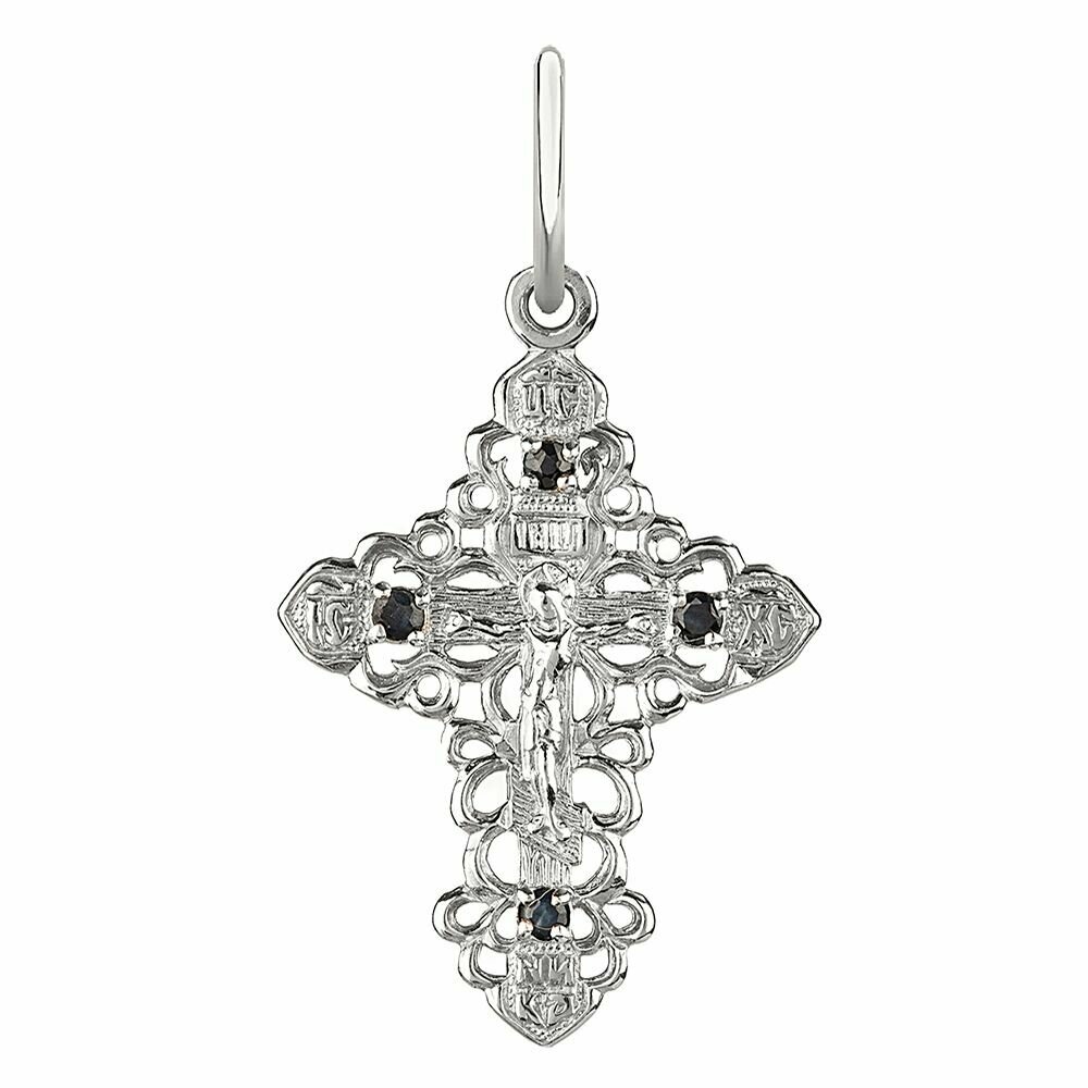 Крестик CORDE крест православный, серебро, 925 проба, родирование, сапфир