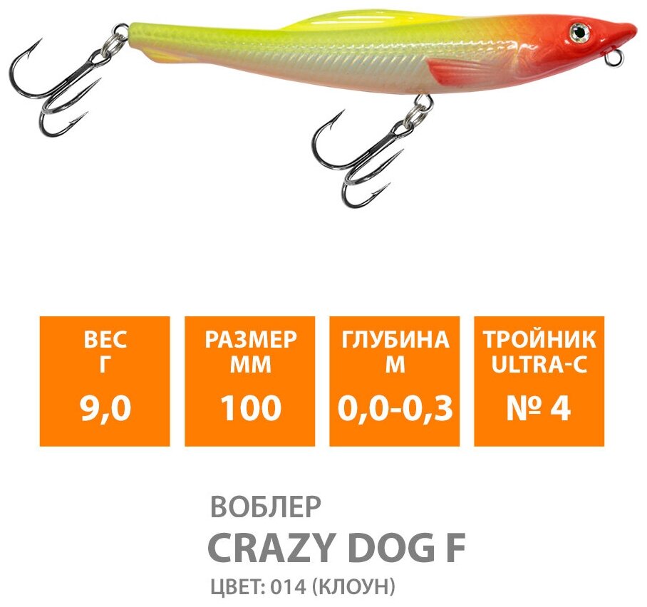 Воблер для рыбалки плавающий AQUA Crazy Dog Floating 100mm 9g цвет 014