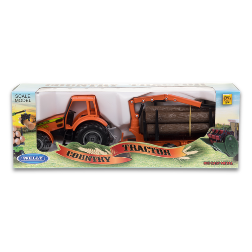 фото Игрушка welly, модель трактора с бревнами на прицепе с инерц. мех, оранжевый