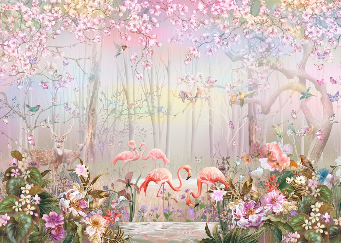 Моющиеся виниловые фотообои GrandPiK Розовый фламинго в саду, 200х145 см