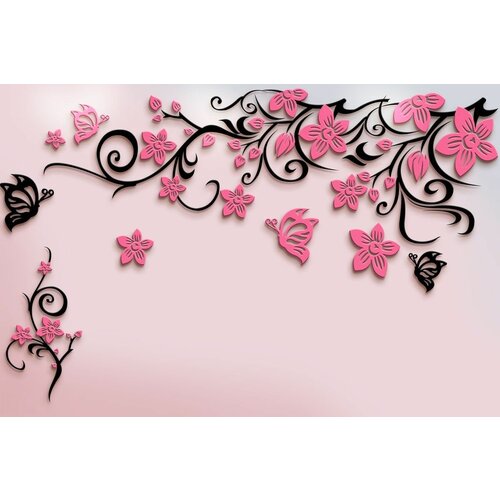 Моющиеся виниловые фотообои Цветущая розовая ветвь и черная бабочка, 400х270 см