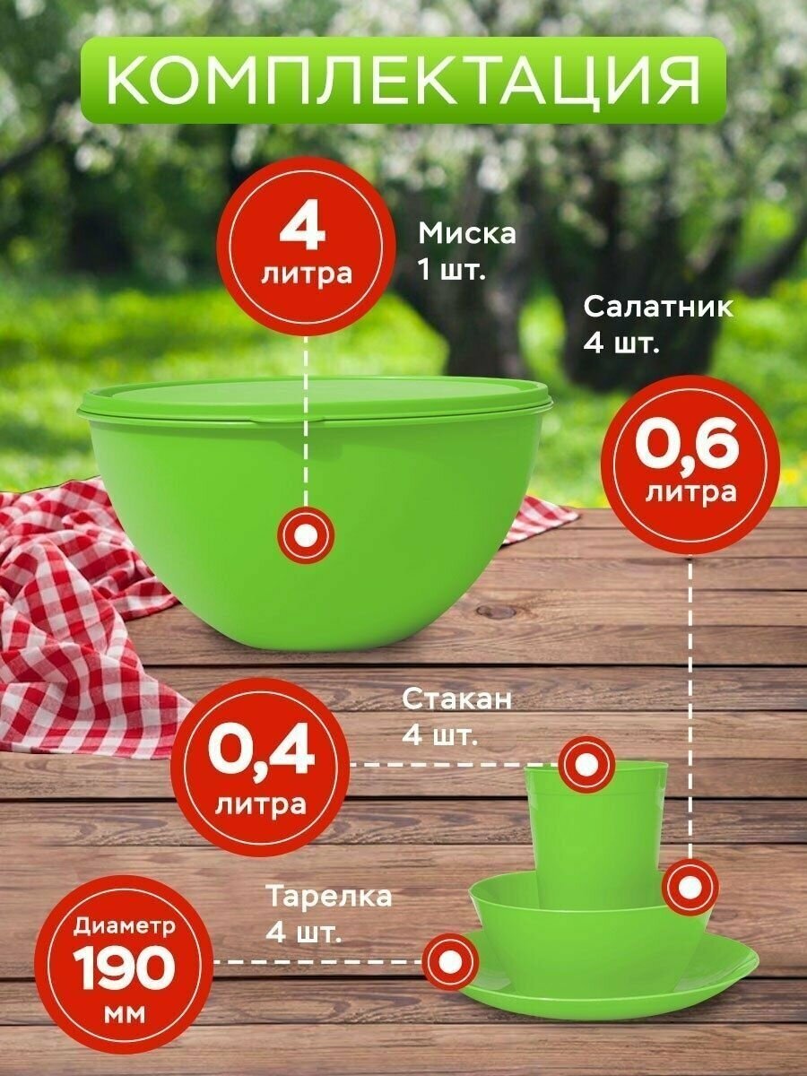 Набор посуды для пикника в миске с крышкой (на 4 персоны) - 13 предметов